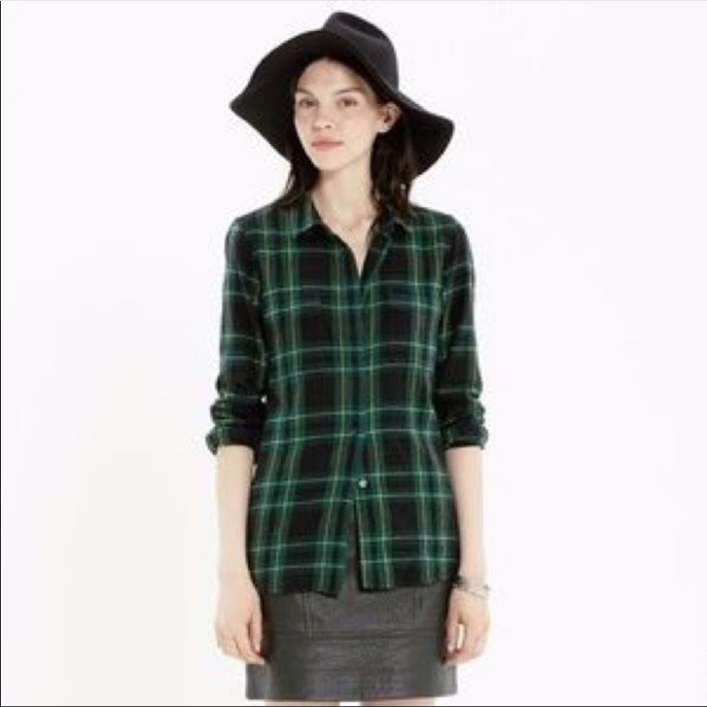 Madewell Classic Plaid Flannel Shirt Size XS Green Navy Yellow 100% Cotton